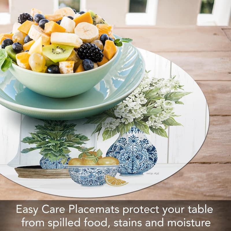 Blue & White Pottery Round Reversible Easy Care Flexible Plastic Placemat 4 Pack Made in The USA