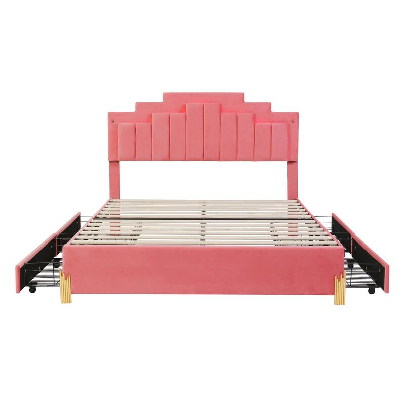 Pink Queen Size Velvet Upholstered Platform Bed - 4 Drawers, 16 Colors ...