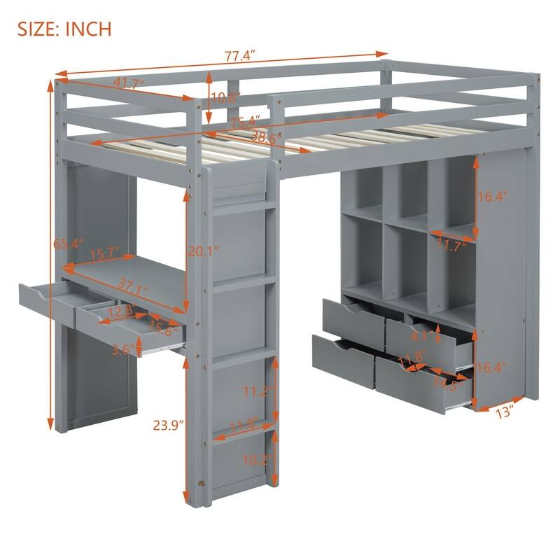 Twin Size Wooden Loft Bed with large shelves, writing desk and LED Light