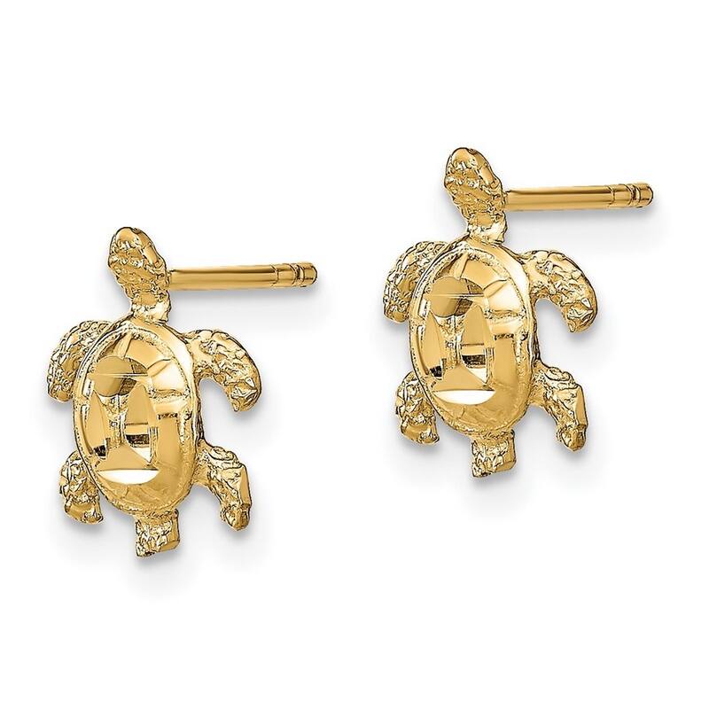 Curata 14k Yellow Gold Sparkle Cut Sea Turtle Post Earrings - 11x8mm