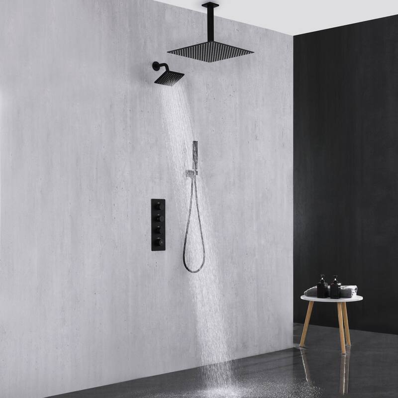 Dual Shower Heads System 6" Wall Mounted High Pressure Regular & 12" Ceiling Rainfall Shower Head w/ 3 Way Thermostatic Faucet