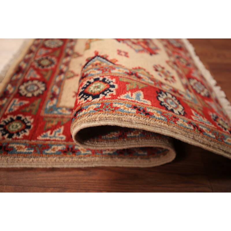 Geometric Kazak Oriental Foyer Rug Hand-Knotted Beige Wool Carpet - 2'0" x 3'0"