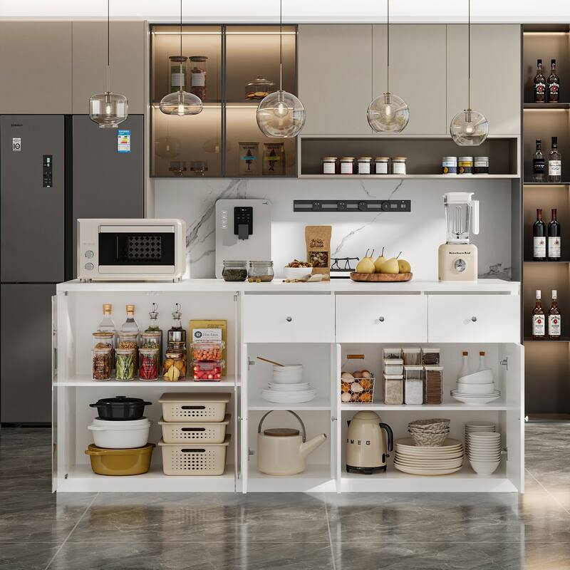 Modern Kitchen Island Buffet Cabinet with Storage Drawers and Tempered Glass Shelves, White Sideboard Cupboard