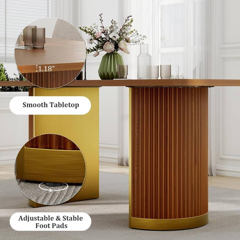 Mid Century Modern Solid Wood Dining Table with Double Pedestal Base