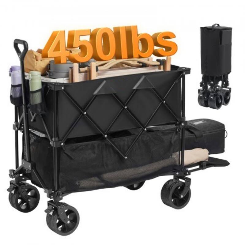 Black Iron PVC Oxford Foldable Wagon Cart Dual Storage, All-Terrain - 51.96×22.24×41.92 inch - Black