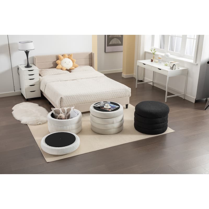 Velvet Round Ottoman with Storage, Footstool with Wooden Shelving, Multifunctional Round Vanity Stool for Makeup