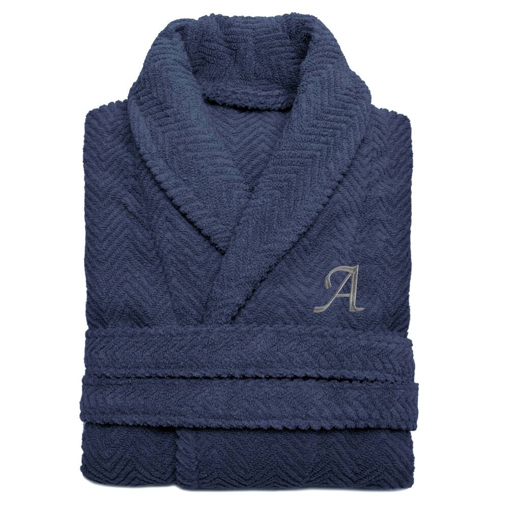 Authentic Hotel and Spa Midnight Blue with Grey Monogrammed Herringbone Weave Turkish Cotton Unisex Bath Robe