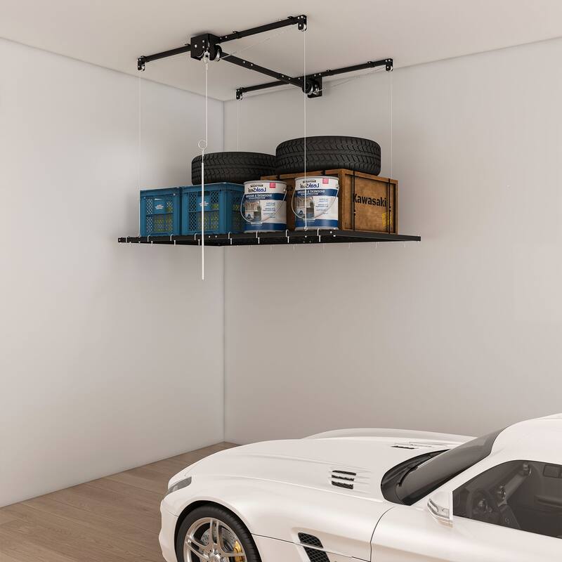 Roomfitters Overhead Garage Storage Rack 3x6 FT, Crank Down Ceiling Organizer for 10-12 FT Garages, 270lb Lift, White