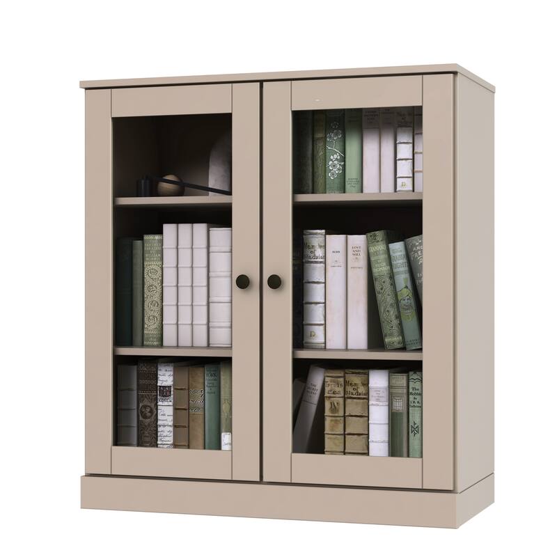 Palace Imports 100% Solid Wood 3-Shelf Bookcase, Clear Glass Doors, Adjustable Shelves, 32" Wide, 35.75" Tall