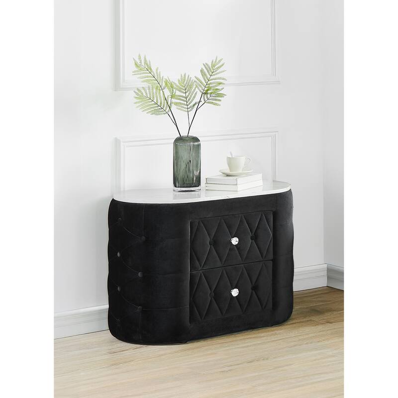 1pc Black Nightstand Upholstery Fabric Marble Top Two Storage Drawers Wooden Bedroom Furniture Oval Black - Black