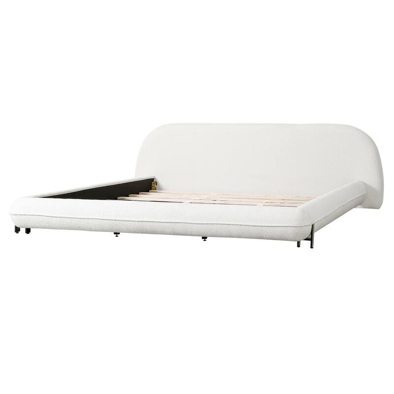 Roomfitters King Size Upholstered Platform Bed Frame with Boucle Fabric, Modern Curved Headboard, White