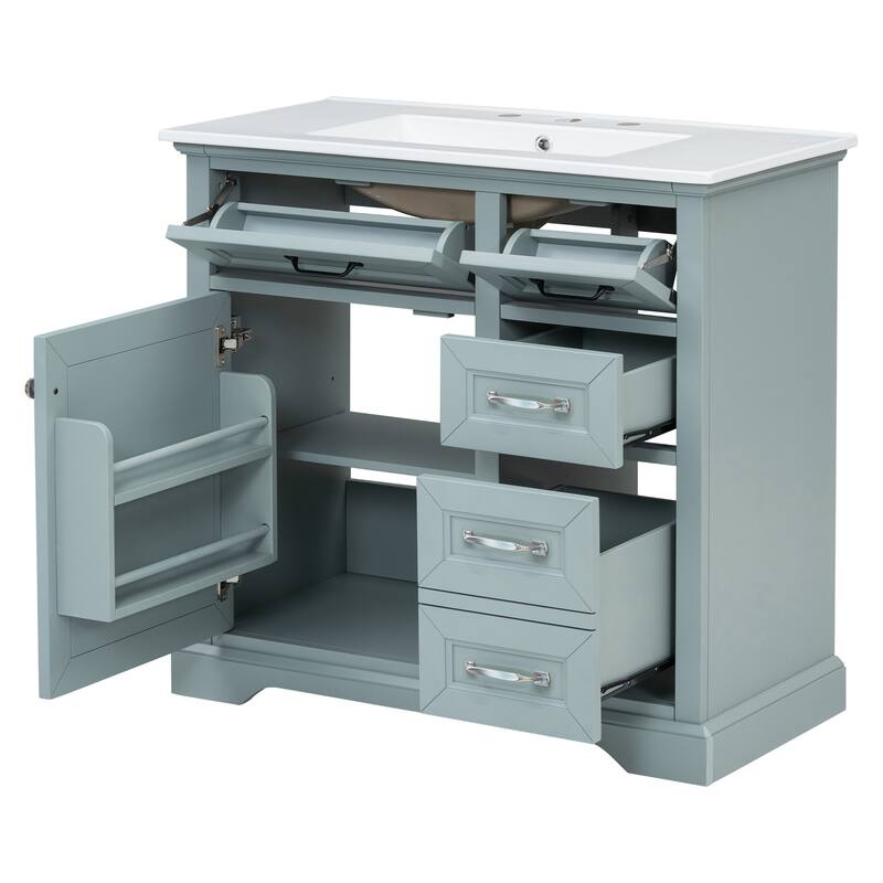 36" No-Installation Bathroom Vanity Set with Ceramic Undermount Sink, 2 Tip-Out Drawers & Soft-Close Hinges, Modern Grey