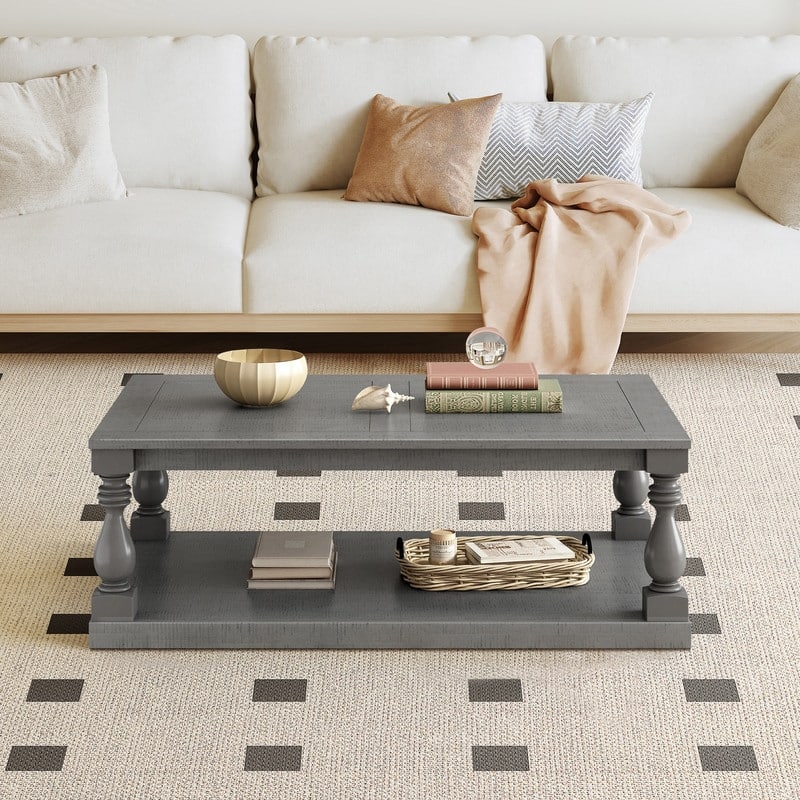 Vintage 45.2" Solid Wood Coffee Table with Open Shelf - Grey