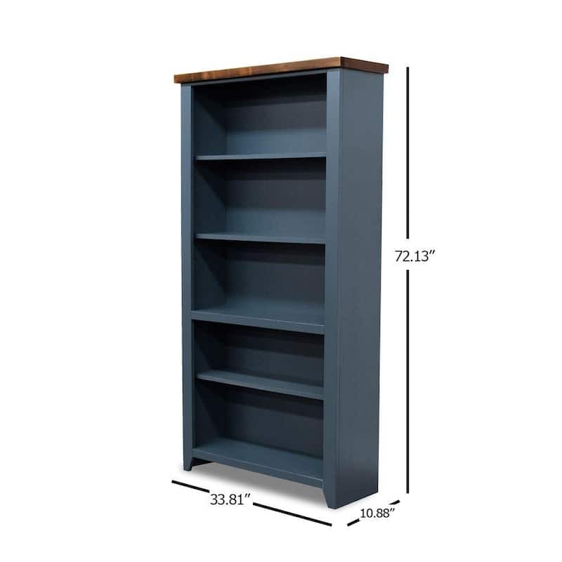 Bridgevine Home Nantucket 72 inch high 5-shelf Bookcase, No Assembly Required, Blue Denim and Whiskey Finish