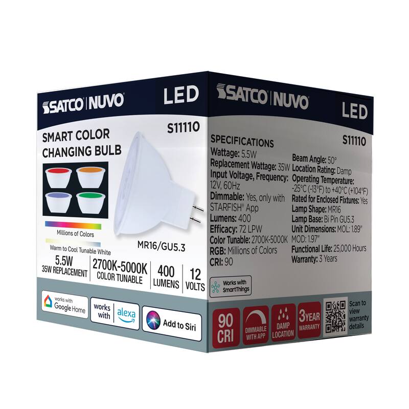 Starfish 5.5 Watt LED MR16 GU5.3 Base 2700K-5000K RGBTW 12 Volt - White