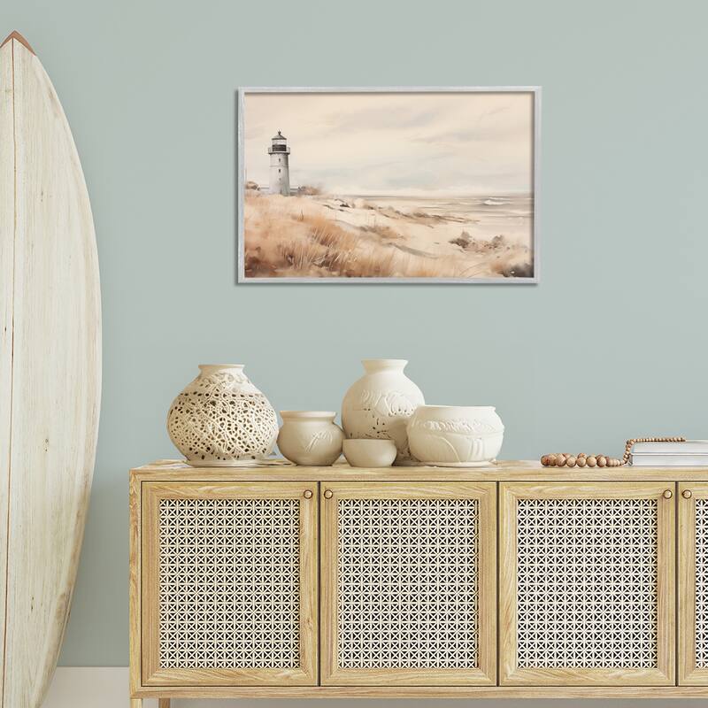 Stupell Distant Lighthouse in Neutral Tones Framed Giclee Art Design By Arlington Prints