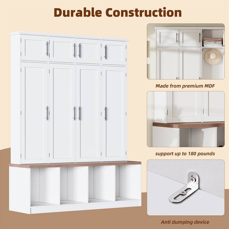 Farmhouse Hall Tree with 4 Hidden Hanging Hooks, Versatile Entryway Bench with 8 Doors, Shoe Cabinet with Open Compartments