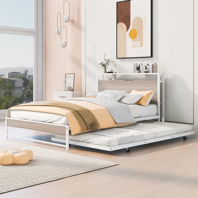 Metal and Wood USB Platform Bed with Matching Trundle - White - Full