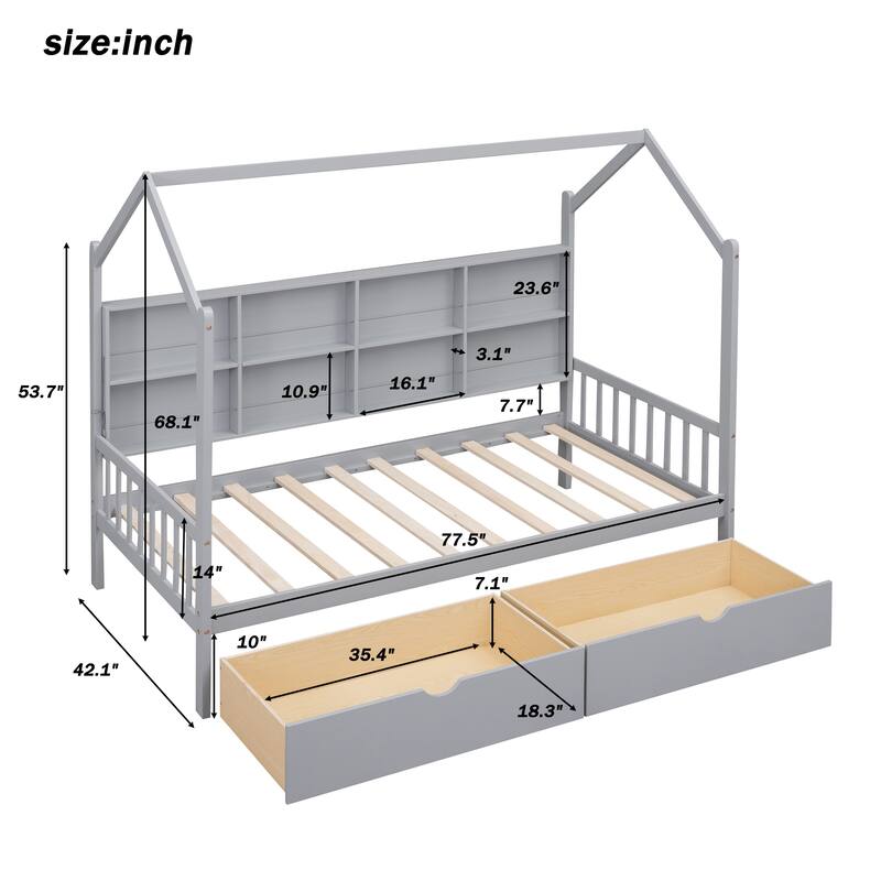 Wooden House Bed with 2 Drawers, 8 Storage Shelf, Kids Bed