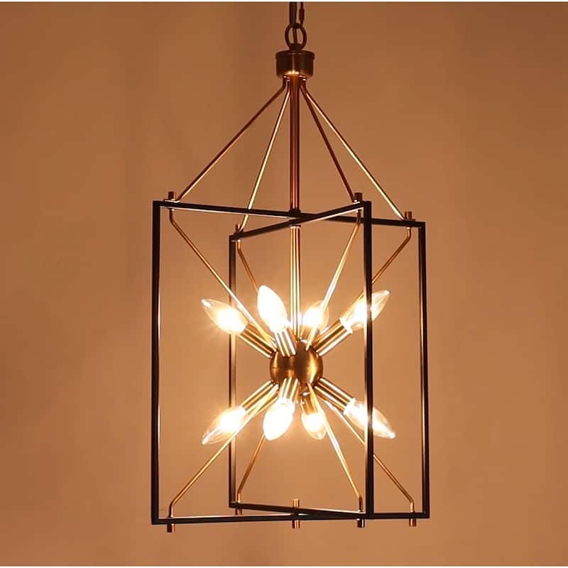 Modern 8-Light Black Gold Starburst Chandelier Metal Pendant Lights for Dining Room - 16" L x 15" W x 26" H