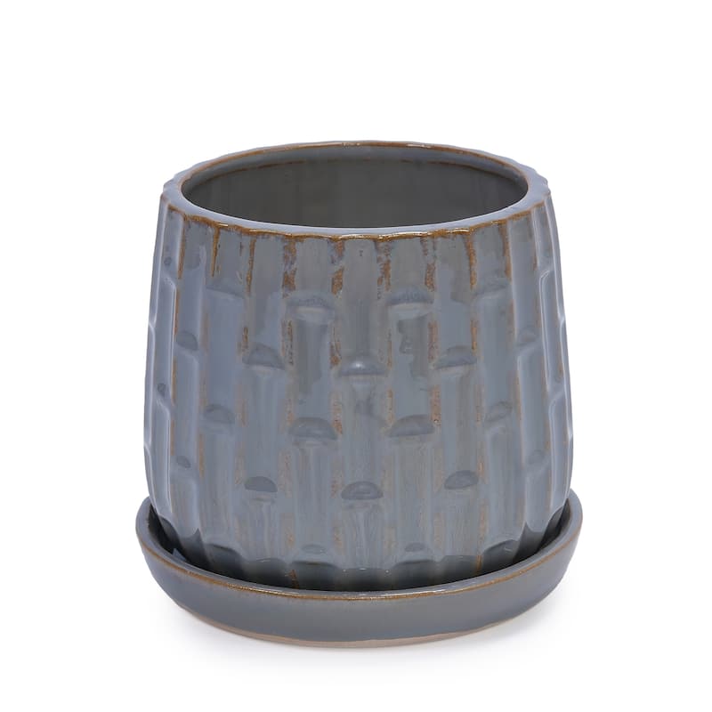 Set of 2 Handmade Ceramic Planters, Includes Saucers, Vertical Ribbed