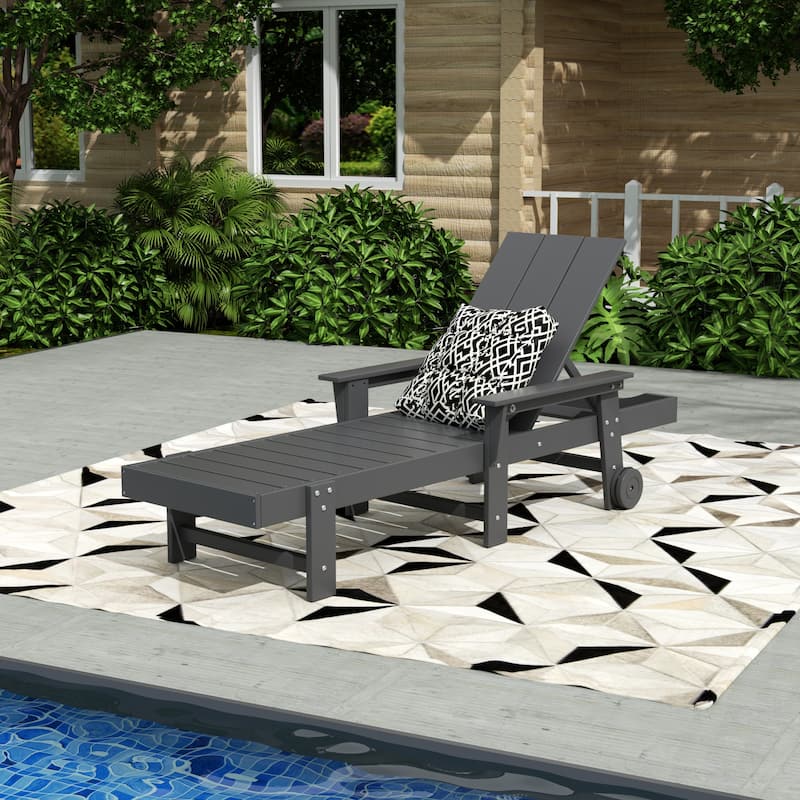 Polytrends Shoreside Modern Poly Reclining Eco-Friendly All Weather Chaise Lounge With Arms & Wheels