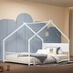 preview thumbnail 25 of 46, House Bed with Roof and Colorful Lights, House-shaped Frame Floor Bed with House Roof Frame, Metal Bed Frame with Slats and Legs White - Full