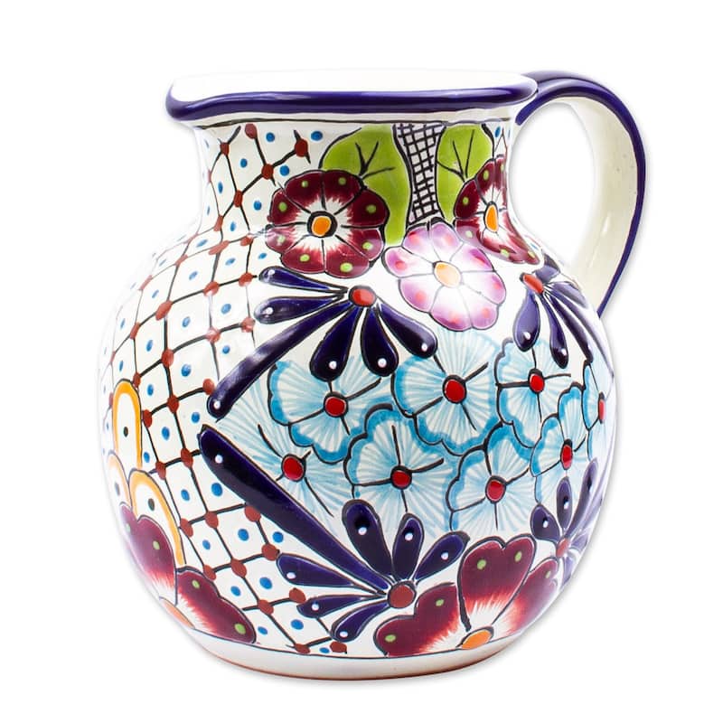 NOVICA Artisan Handblown Ceramic Pitcher Colorful Talaverastyle Multicolor Mexico Tableware Drinkware 'Colors Of Mexico'