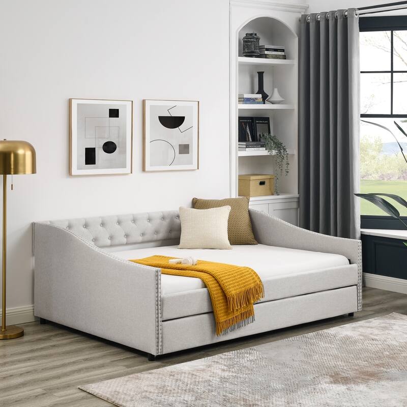 Upholstered Tufted Sofa Bed with Trundle, Button on Back and Copper Nail on Waved Shape Arms