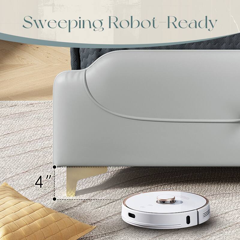 King Size PU Leather Platform Bed with Wingback Headboard and Footboard, Gold Metal Decoration, Easy Assembly