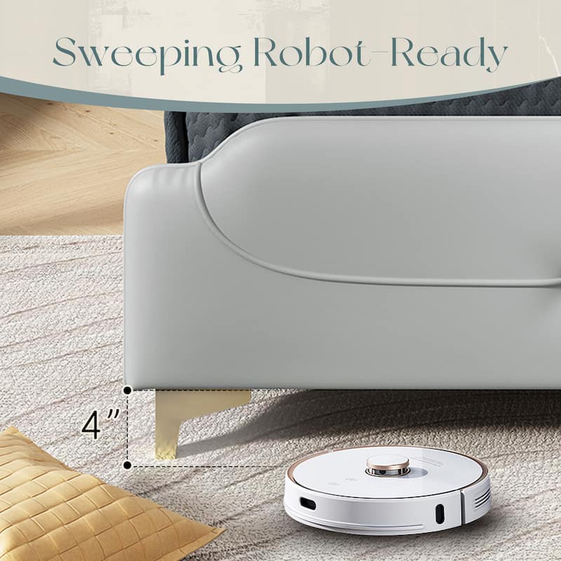 Queen Size PU Leather Platform Bed with Wingback Headboard, Footboard, and Solid Wood Slats