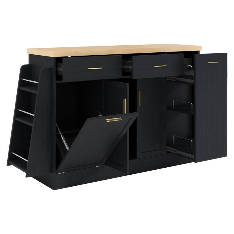 Kitchen Island, Multi-Functional Kitchen Sideboard - Storage Cabinet with Trash Can Holder, Sliding Door & 3-Tier Spice Rack