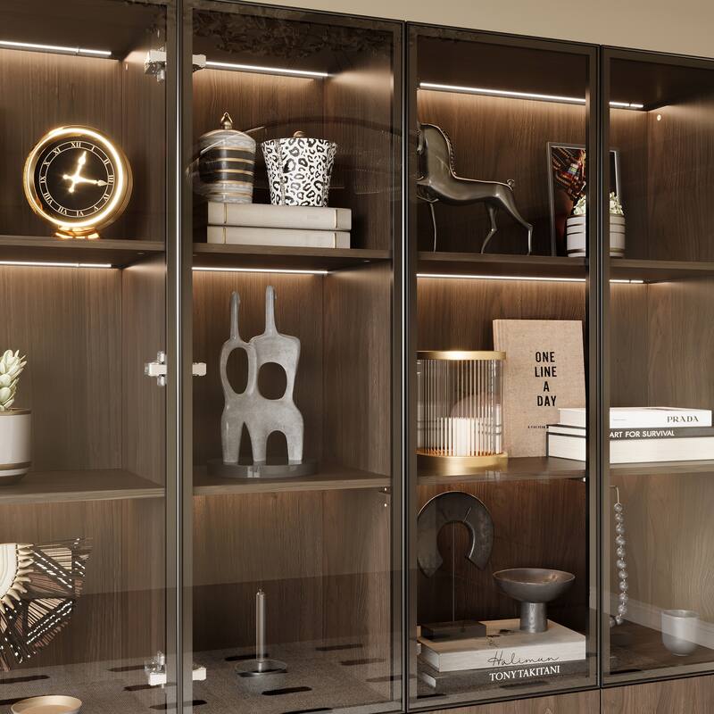 Bookshelves Bookcase Modular Glass Display Cabinet with LED Lights, Dark Wood Storage Combination Cabinet System