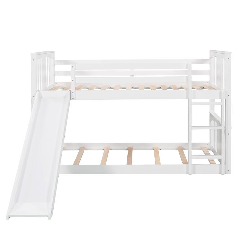 Twin over Twin Size Solid Wood Bunk Bed with Ladder, Slide and Fence for Kids, Bedroom