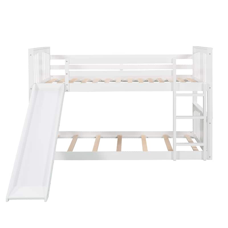 White Twin over Twin Solid Wood Bunk Bed with Slide and Fence