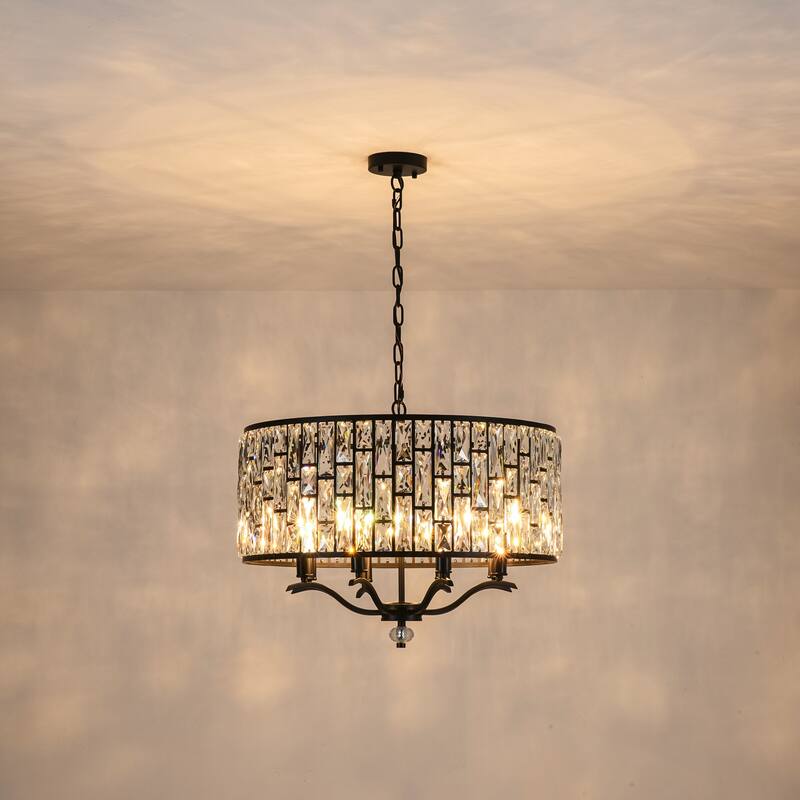 8-Light Modern Glam Black Faceted Crystal Chandelier with Cylinder Drum Shade for Dining Room, Living Room