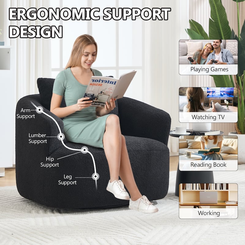 360°Swivel Round Upholstered Comfy Chair With One Soft Pillow, Teddy Fleece High-Resilience Sponge Single Sofa