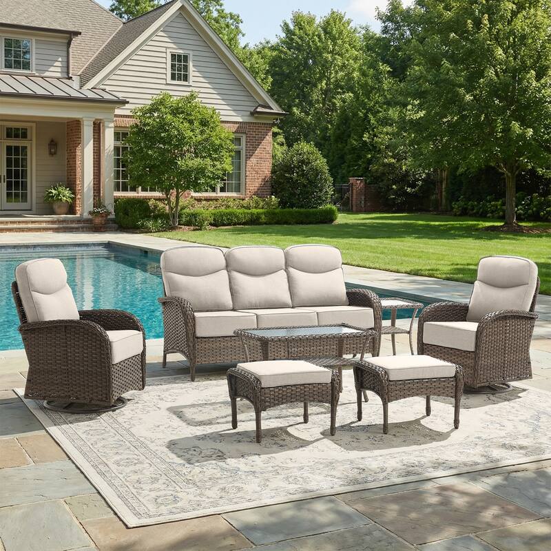 Pocassy Outdoor Wicker Patio Sofa with Swivel Chair Ottoman Sets - Brown Wicker Beige Cushion - 7-Piece Sofa Swivel Chair Ottoman with Table