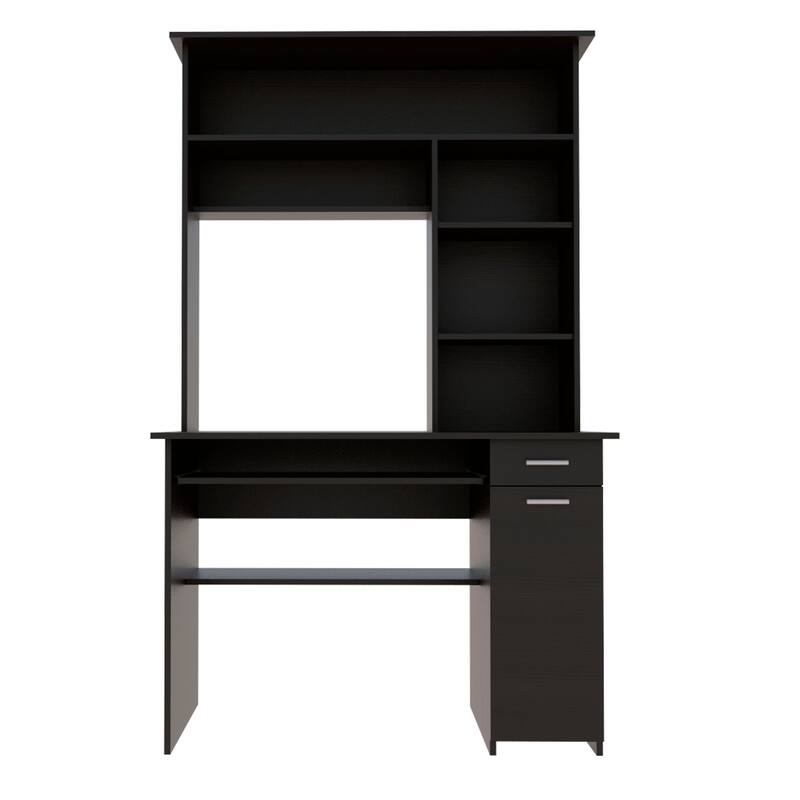 Compu 180 Hutch Desk with 5 Shelves, Retractable Keyboard Tray, CPU Panel, and Drawer