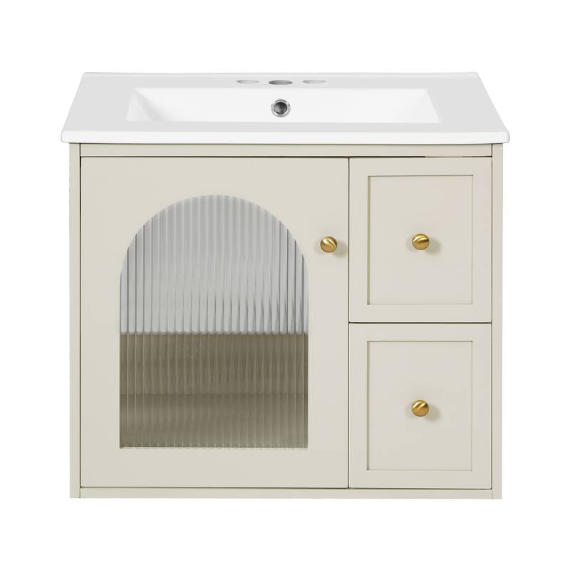24" Wall-Mounted Bathroom Vanity with Ceramic Sink Combo, Floating Bathroom Storage Cabinet with Glass Doors & 2 Drawers