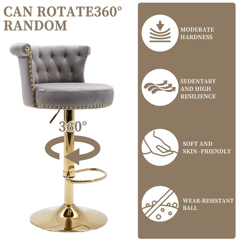 Velvet Upholstered Tufted Nailheads Swivel Adjustable Height Bar Stools With Golden Footrest(set of 2)