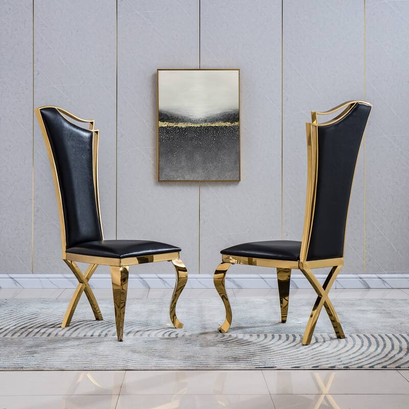 Set of 2 Leatherette/Velvet Unique Design Backrest Dining Chair with Stainless Steel Legs