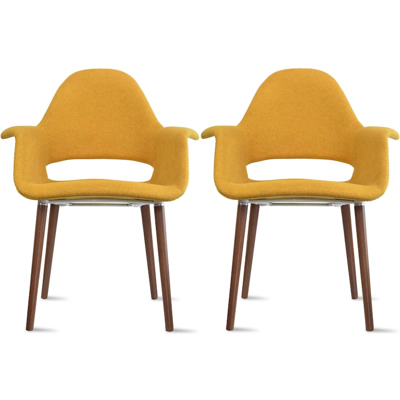 Set of 2 Organic Upholstered Fabric Modern Armchairs with Dark Walnut Brown Wooden Legs for Dining Room Office or Accent Chair - Yellow