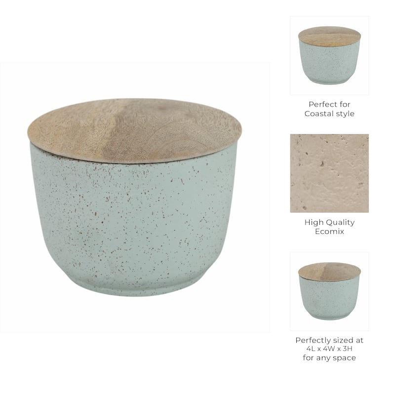 Pottery Wax Decorative Candle Wood Lid Casual Display Storage Jar - 4" x 4" x 3"