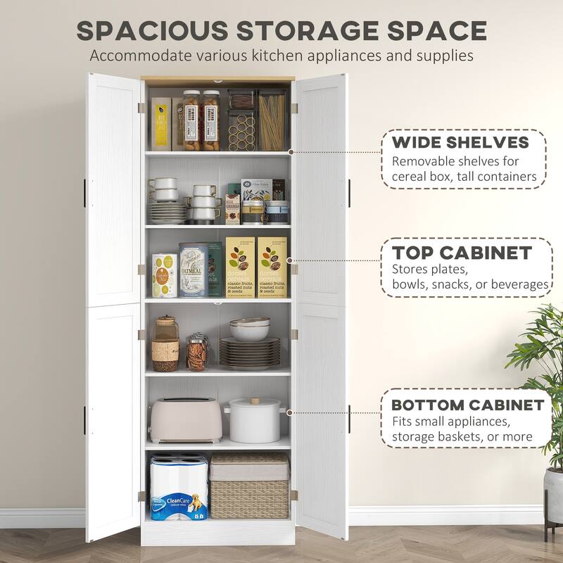 6-Tier Kitchen Pantry Cabinet with Adjustable Shelves and Recessed Doors Metal Handles - 23.5" W x11.75" D x 67.25" H