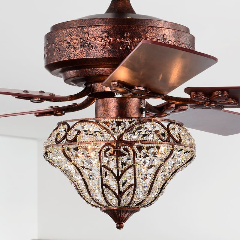 Luella 52 Inch Antique Copper Finish Ceiling Fan Crystal 3 Light with Remote