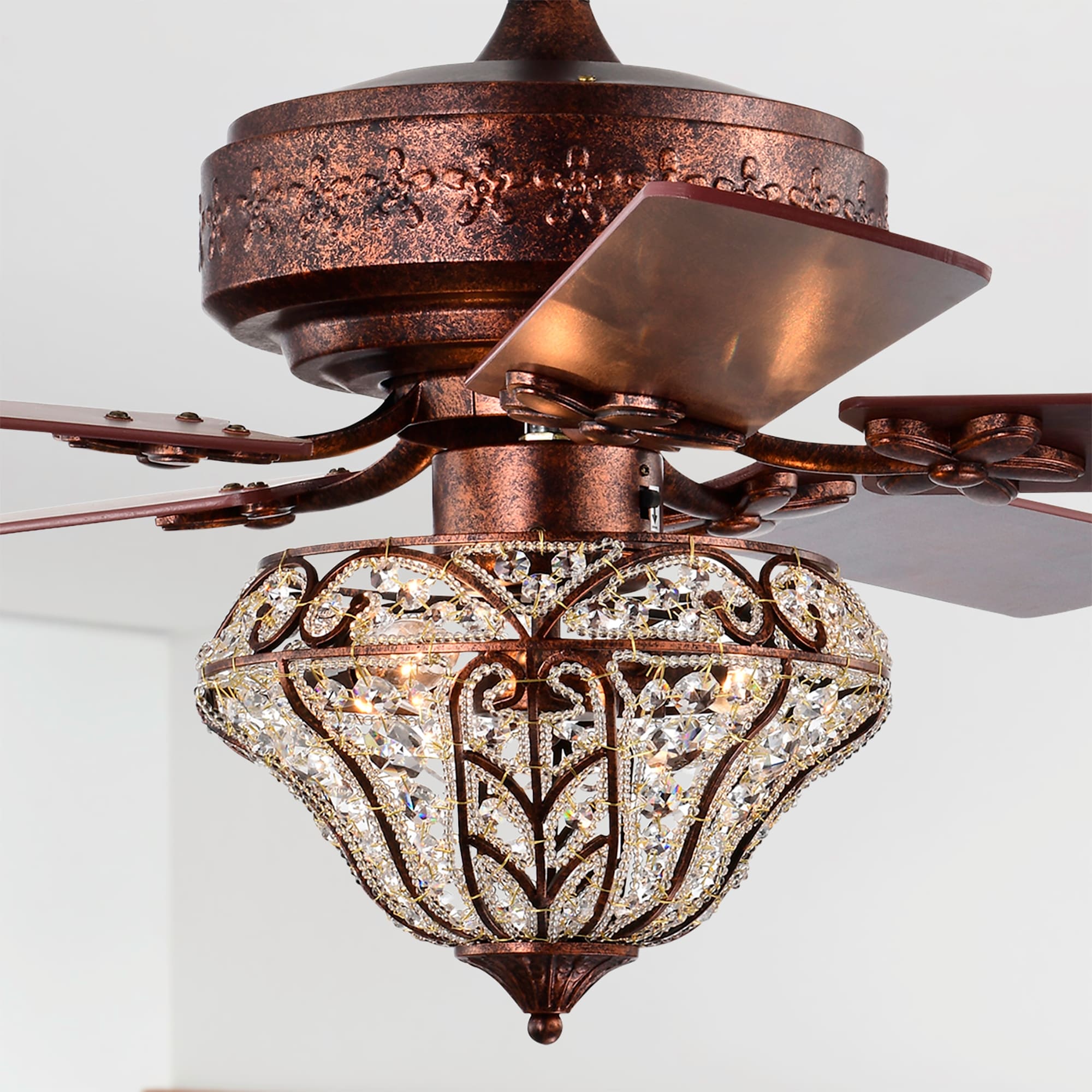 Warehouse of Tiffany Luella 52 Inch Antique Copper Finish Ceiling Fan Crystal 3 Light with Remote