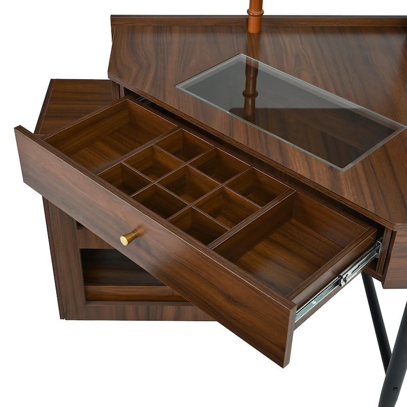 Corner Vanity Desk Set with Storage Stool, Glass Tabletop Makeup Vanity, Dressing Table with Side Cabinet, Drawer & Shelf