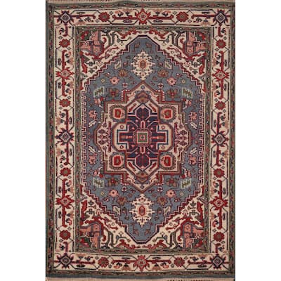 Light Blue Geometric Heriz Serapi Rug Hand-Knotted Wool Carpet - 4'0" X 6'0"