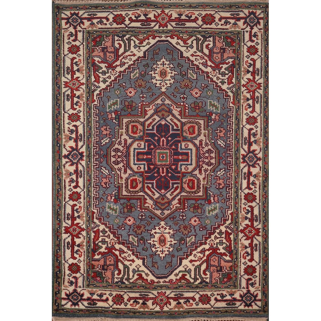 Light Blue Geometric Heriz Serapi Rug Hand-Knotted Wool Carpet - 4'0" X 6'0"